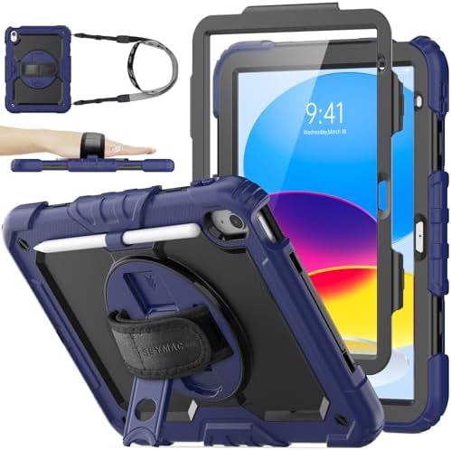 SEYMAC stock Case for iPad  A16  11th/10th Generation 11/10 9 2025/2022  Full Body Drop Protection Case with Screen Protector &360  Rotate Hand Strap/Stand  Black