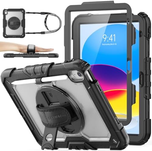 SEYMAC stock Case for iPad  A16  11th/10th Generation 11/10 9 2025/2022  Full Body Drop Protection Case with Screen Protector &360  Rotate Hand Strap/Stand  Black