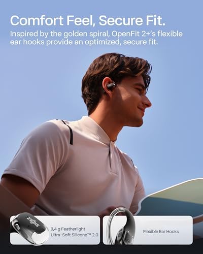 SHOKZ NEW OpenFit 2  Open Ear Headphones  Dolby Audio Enabled  Comfortable Earbuds with Soft Ear Hooks  48H Playtime  IP55 Water Resistant  USB C Fast Charging  Wireless Charging  Carrying Bag  Black