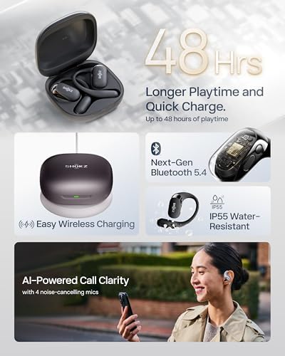 SHOKZ NEW OpenFit 2  Open Ear Headphones  Dolby Audio Enabled  Comfortable Earbuds with Soft Ear Hooks  48H Playtime  IP55 Water Resistant  USB C Fast Charging  Wireless Charging  Carrying Bag  Black