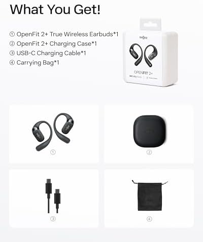 SHOKZ NEW OpenFit 2  Open Ear Headphones  Dolby Audio Enabled  Comfortable Earbuds with Soft Ear Hooks  48H Playtime  IP55 Water Resistant  USB C Fast Charging  Wireless Charging  Carrying Bag  Black