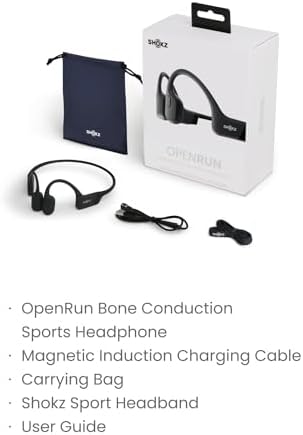 SHOKZ OpenRun Bone Conduction Open Ear Bluetooth Sport Headphones  Running Workout Bundle with Waterproof Carrying Case & Sweat Headband  IP67 Sweat Resistant  8H Playtime  Mic  Black