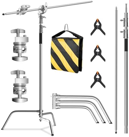 SH C Stand with Boom Arm  Heavy Duty Photography Light Stand  6 8ft/210cm Stainless Steel C Stand Kit with Sandbag  2 8ft/87cm Boom for Studio Softbox and Reflector  Silver