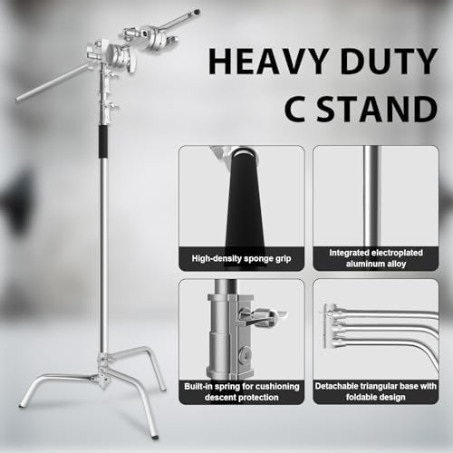 SH C Stand with Boom Arm  Heavy Duty Photography Light Stand  6 8ft/210cm Stainless Steel C Stand Kit with Sandbag  2 8ft/87cm Boom for Studio Softbox and Reflector  Silver