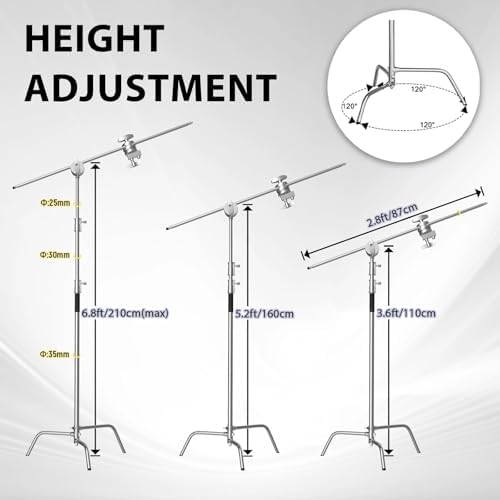 SH C Stand with Boom Arm  Heavy Duty Photography Light Stand  6 8ft/210cm Stainless Steel C Stand Kit with Sandbag  2 8ft/87cm Boom for Studio Softbox and Reflector  Silver