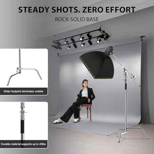 SH C Stand with Boom Arm  Heavy Duty Photography Light Stand  6 8ft/210cm Stainless Steel C Stand Kit with Sandbag  2 8ft/87cm Boom for Studio Softbox and Reflector  Silver