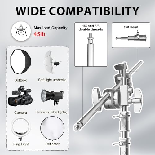 SH C Stand with Boom Arm  Heavy Duty Photography Light Stand  6 8ft/210cm Stainless Steel C Stand Kit with Sandbag  2 8ft/87cm Boom for Studio Softbox and Reflector  Silver