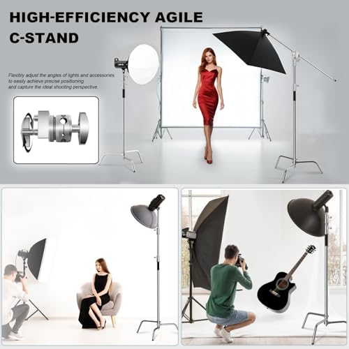 SH C Stand with Boom Arm  Heavy Duty Photography Light Stand  6 8ft/210cm Stainless Steel C Stand Kit with Sandbag  2 8ft/87cm Boom for Studio Softbox and Reflector  Silver