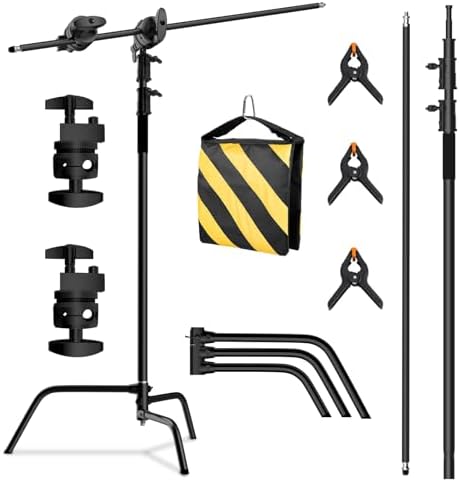 SH C Stand with Boom Arm  Heavy Duty Photography Light Stand  6 8ft/210cm Stainless Steel C Stand Kit with Sandbag  2 8ft/87cm Boom for Studio Softbox and Reflector  Silver