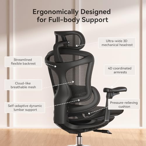 SIHOO Doro C300 Ergonomic Office Chair with Ultra Soft 3D Armrests  Dynamic Lumbar Support for Home Office Chair  Adjustable Backrest Desk Chair  Swivel Big and Tall Computer Chair Black