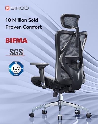 SIHOO M57 Ergonomic Mesh Office Chair  High Back Home Desk Chair with 3D Armrests  Lumbar Support and Adjustable Headrest  Comfortable Computer Chair  Big & Tall Office Chair Hold 330 LBS Grey