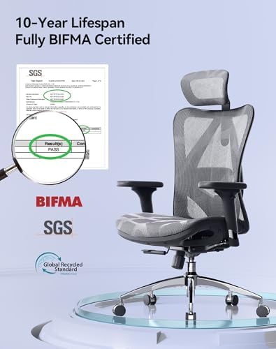 SIHOO M57 Ergonomic Mesh Office Chair  High Back Home Desk Chair with 3D Armrests  Lumbar Support and Adjustable Headrest  Comfortable Computer Chair  Big & Tall Office Chair Hold 330 LBS Grey