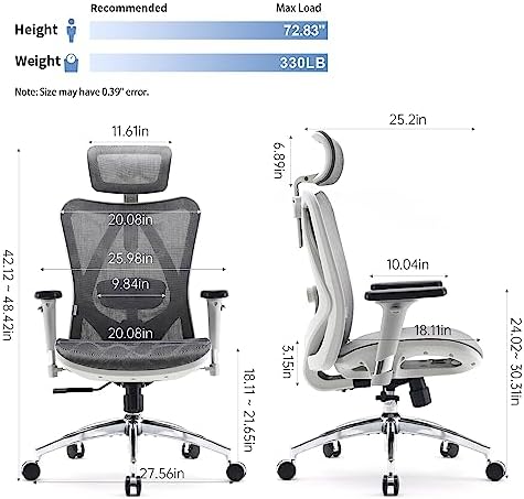 SIHOO M57 Ergonomic Mesh Office Chair  High Back Home Desk Chair with 3D Armrests  Lumbar Support and Adjustable Headrest  Comfortable Computer Chair  Big & Tall Office Chair Hold 330 LBS Light Grey