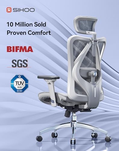 SIHOO M57 Ergonomic Mesh Office Chair  High Back Home Desk Chair with 3D Armrests  Lumbar Support and Adjustable Headrest  Comfortable Computer Chair  Big & Tall Office Chair Hold 330 LBS Light Grey