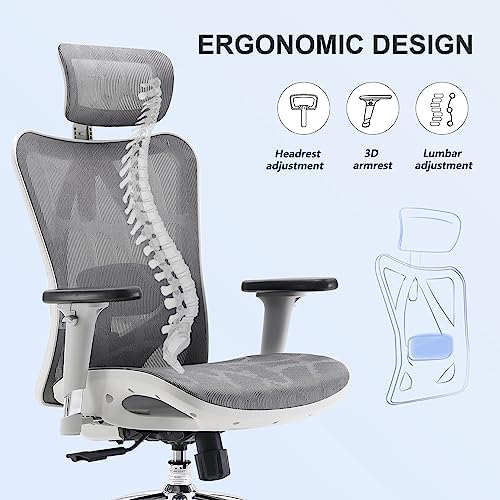 SIHOO M57 Ergonomic Mesh Office Chair  High Back Home Desk Chair with 3D Armrests  Lumbar Support and Adjustable Headrest  Comfortable Computer Chair  Big & Tall Office Chair Hold 330 LBS Light Grey