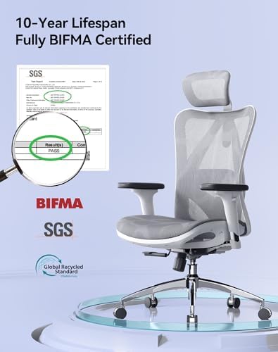 SIHOO M57 Ergonomic Mesh Office Chair  High Back Home Desk Chair with 3D Armrests  Lumbar Support and Adjustable Headrest  Comfortable Computer Chair  Big & Tall Office Chair Hold 330 LBS Light Grey