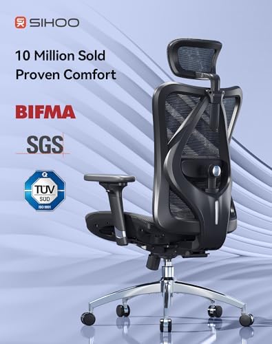 SIHOO M57 Ergonomic Mesh Office Chair  High Back Home Desk Chair with 3D Armrests  Lumbar Support and Adjustable Headrest  Comfortable Computer Chair  Big & Tall Office Chair Hold 330 LBS Black