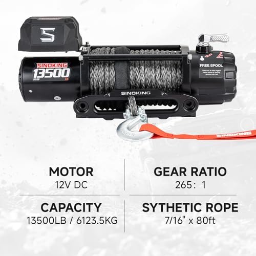 SINOKING 13500 lb Electric Winch for Jeep  Truck  SUV  Trailer Winch & Boat Winch   Heavy Duty Synthetic Rope 12V Winch  Waterproof Towing Winch with Wireless and Wired Remote
