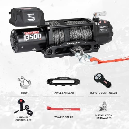 SINOKING 13500 lb Electric Winch for Jeep  Truck  SUV  Trailer Winch & Boat Winch   Heavy Duty Synthetic Rope 12V Winch  Waterproof Towing Winch with Wireless and Wired Remote