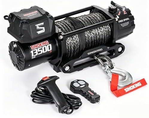 SINOKING 13500 lb Electric Winch for Jeep  Truck  SUV  Trailer Winch & Boat Winch   Heavy Duty Synthetic Rope 12V Winch  Waterproof Towing Winch with Wireless and Wired Remote