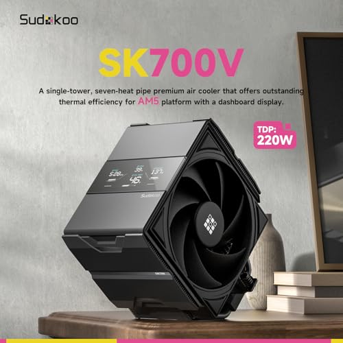 SK700V AM5 CPU Cooler  AM5 Exclusive  Digital Display  7 Heatpipes CPU Air Cooler  Single Tower  120mm FDB PWM Fan  Full RAM Freedom  L Rail Lock Mount  5 Years Warranty  Black