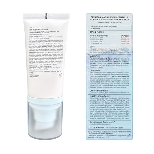 SKIN1004 Centella Hyalu Cica Water Fit Sun Serum UV  Korean Sunscreen SPF 50  Centella Sunscreen  Travel Essentials  Sunscreen with Hyaluronic Acid  No White Cast  Korean Skin Care  1 69 fl oz / 50ml