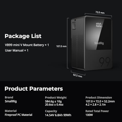 SMALLRIG V Mount Battery VB99  99Wh / 6800mAh V Lock Battery with 100W Output  2H Full Charge  with USB C  D TAP  USB A  Dual DC Port  OLED Screen  for Camera  Camcorder  Monitor  Video Light