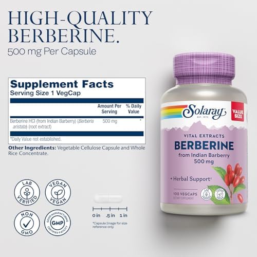 SOLARAY Berberine 500mg   Berberine Supplement for a Healthy  Active Lifestyle   with Berberine HCl from Indian Barberry   Vegan  Non GMO  60 Day Guarantee  Lab Verified   100 Servings  100 VegCaps
