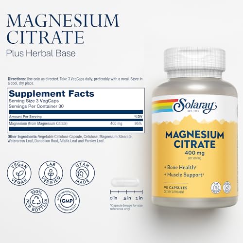 SOLARAY Magnesium Citrate 400mg   Magnesium Supplement   Bone Health  Muscle  Relaxation and Heart Health Support   Enhanced Absorption  Vegan  Gluten Free  60 Day Guarantee  30 Servings  90 VegCaps