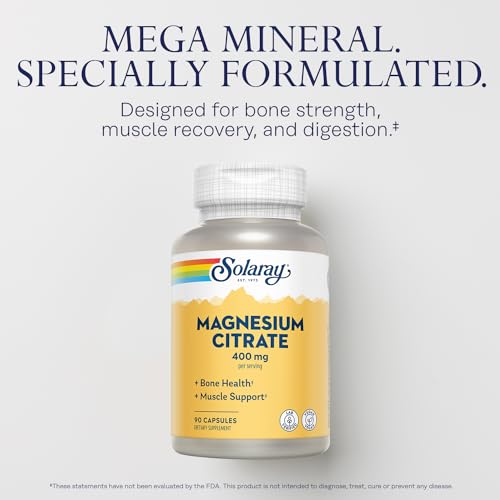 SOLARAY Magnesium Citrate 400mg   Magnesium Supplement   Bone Health  Muscle  Relaxation and Heart Health Support   Enhanced Absorption  Vegan  Gluten Free  60 Day Guarantee  30 Servings  90 VegCaps