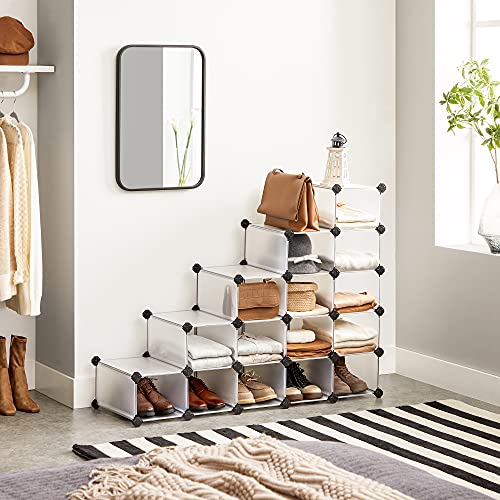 SONGMICS Zapatero con 16 cubos, organizador de zapatos de plástico entrelazado, armario de almacenamiento para armario, entrada, dormitorio, garaje, diseño de ahorro de espacio, 12 x 35.1 x 27.2