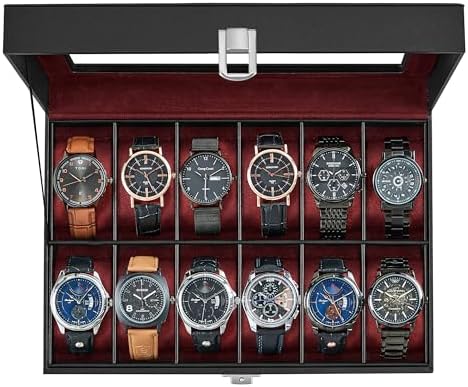 SONGMICS Caja de reloj, caja de reloj de 12 ranuras con tapa de vidrio grande, almohadas extraíbles para reloj, organizador de caja de reloj, regalo para seres queridos, cuero sintético negro, forro