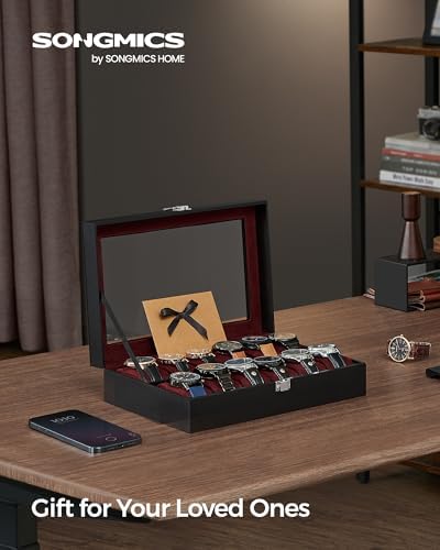 SONGMICS Caja de reloj, caja de reloj de 12 ranuras con tapa de vidrio grande, almohadas extraíbles para reloj, organizador de caja de reloj, regalo para seres queridos, cuero sintético negro, forro