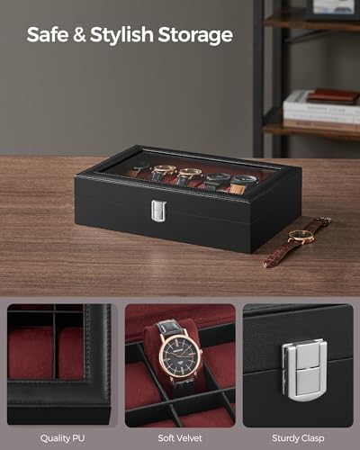 SONGMICS Caja de reloj, caja de reloj de 12 ranuras con tapa de vidrio grande, almohadas extraíbles para reloj, organizador de caja de reloj, regalo para seres queridos, cuero sintético negro, forro