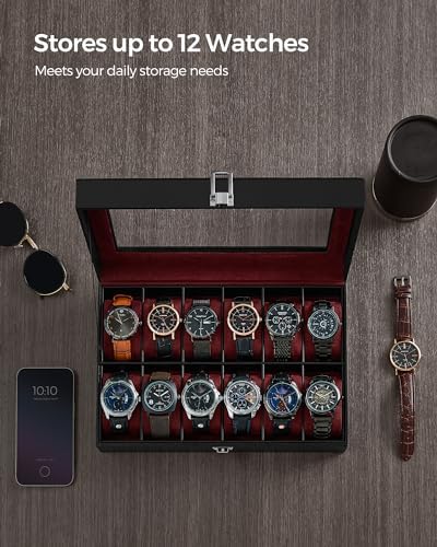 SONGMICS Caja de reloj, caja de reloj de 12 ranuras con tapa de vidrio grande, almohadas extraíbles para reloj, organizador de caja de reloj, regalo para seres queridos, cuero sintético negro, forro