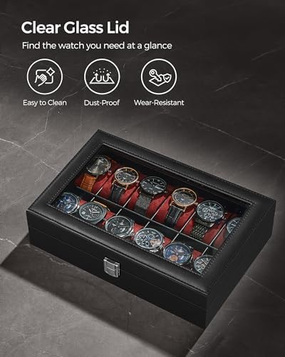 SONGMICS Caja de reloj, caja de reloj de 12 ranuras con tapa de vidrio grande, almohadas extraíbles para reloj, organizador de caja de reloj, regalo para seres queridos, cuero sintético negro, forro