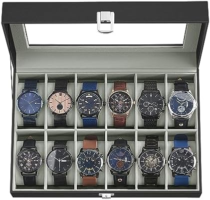 SONGMICS Caja de reloj, caja de reloj de 12 ranuras con tapa de vidrio grande, almohadas extraíbles para reloj, organizador de caja de reloj, regalo para seres queridos, cuero sintético negro, forro