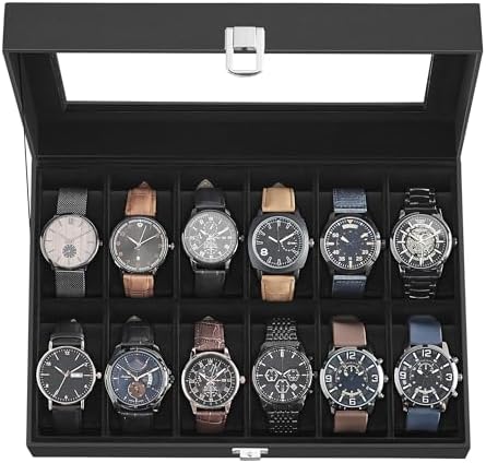 SONGMICS Caja de reloj, caja de reloj de 12 ranuras con tapa de vidrio grande, almohadas extraíbles para reloj, organizador de caja de reloj, regalo para seres queridos, cuero sintético negro, forro