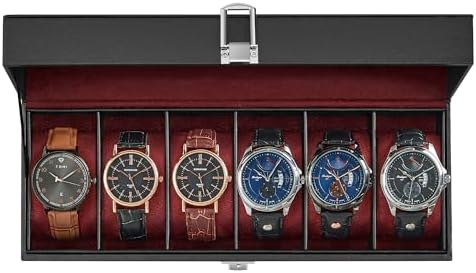 SONGMICS Caja de reloj, caja de reloj de 12 ranuras con tapa de vidrio grande, almohadas extraíbles para reloj, organizador de caja de reloj, regalo para seres queridos, cuero sintético negro, forro