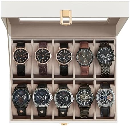 SONGMICS Caja de reloj, caja de reloj de 12 ranuras con tapa de vidrio grande, almohadas extraíbles para reloj, organizador de caja de reloj, regalo para seres queridos, cuero sintético negro, forro