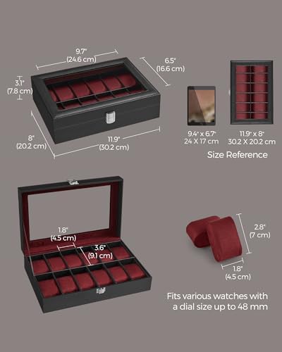SONGMICS Caja de reloj, caja de reloj de 12 ranuras con tapa de vidrio grande, almohadas extraíbles para reloj, organizador de caja de reloj, regalo para seres queridos, cuero sintético negro, forro