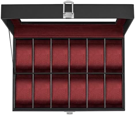 SONGMICS Caja de reloj, caja de reloj de 12 ranuras con tapa de vidrio grande, almohadas extraíbles para reloj, organizador de caja de reloj, regalo para seres queridos, cuero sintético negro, forro