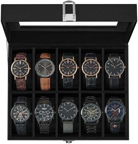 SONGMICS Caja de reloj, caja de reloj de 12 ranuras con tapa de vidrio grande, almohadas extraíbles para reloj, organizador de caja de reloj, regalo para seres queridos, cuero sintético negro, forro