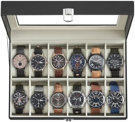 SONGMICS Caja de reloj, caja de reloj de 12 ranuras con tapa de vidrio grande, almohadas extraíbles para reloj, organizador de caja de reloj, regalo para seres queridos, cuero sintético negro, forro