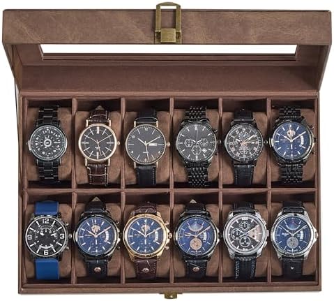 SONGMICS Caja de reloj, caja de reloj de 12 ranuras con tapa de vidrio grande, almohadas extraíbles para reloj, organizador de caja de reloj, regalo para seres queridos, cuero sintético negro, forro
