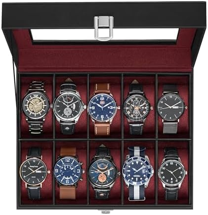 SONGMICS Caja de reloj, caja de reloj de 12 ranuras con tapa de vidrio grande, almohadas extraíbles para reloj, organizador de caja de reloj, regalo para seres queridos, cuero sintético negro, forro
