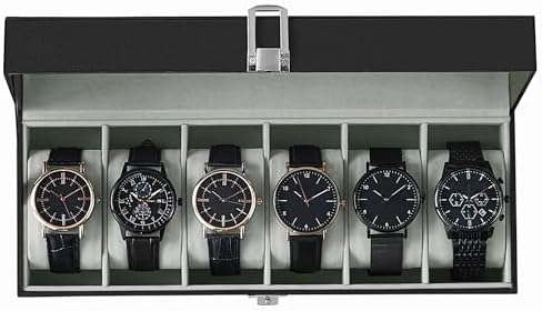 SONGMICS Caja de reloj, caja de reloj de 12 ranuras con tapa de vidrio grande, almohadas extraíbles para reloj, organizador de caja de reloj, regalo para seres queridos, cuero sintético negro, forro