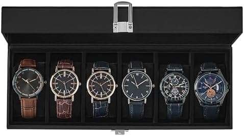 SONGMICS Caja de reloj, caja de reloj de 12 ranuras con tapa de vidrio grande, almohadas extraíbles para reloj, organizador de caja de reloj, regalo para seres queridos, cuero sintético negro, forro