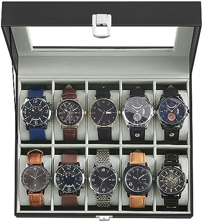 SONGMICS Caja de reloj, caja de reloj de 12 ranuras con tapa de vidrio grande, almohadas extraíbles para reloj, organizador de caja de reloj, regalo para seres queridos, cuero sintético negro, forro