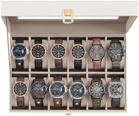 SONGMICS Caja de reloj, caja de reloj de 12 ranuras con tapa de vidrio grande, almohadas extraíbles para reloj, organizador de caja de reloj, regalo para seres queridos, cuero sintético negro, forro